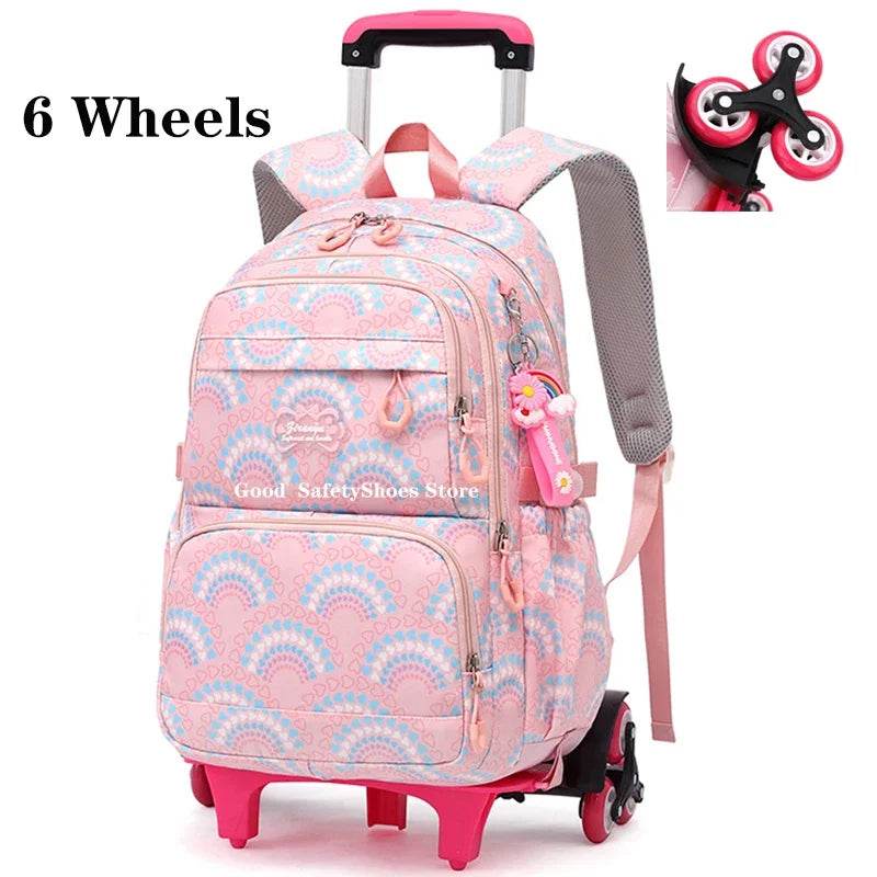 Rolling School Bags for Girls Backpack Children Waterproof School Backpacks with Wheels Middle School Trolley Luggage Back Pack - AIAZ