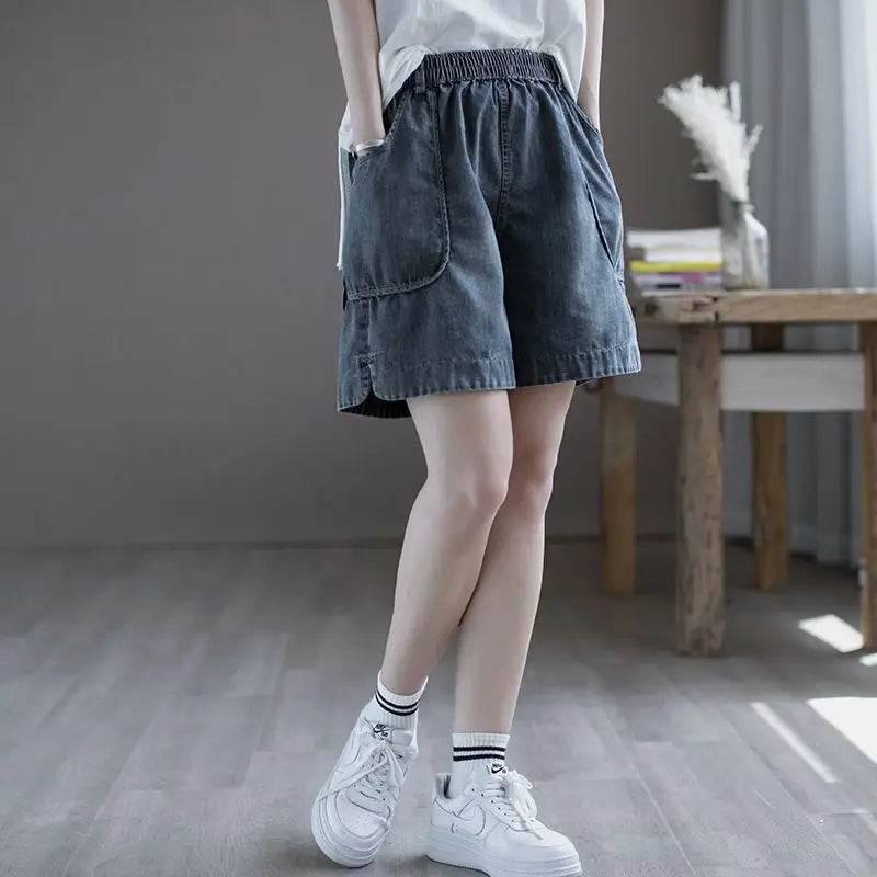 Summer Thin High-waisted Retro Denim Shorts for Women Loose Mid-pants New Wide-leg Large Pocket Five-point Pants - AIAZ