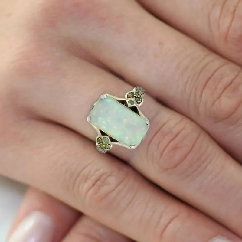New Fashion Square White Opal Ring for Women Vintage Turquoise Rectangular Faux Gem Ring Jewelry Gifts Женская Бижутерия Тренд