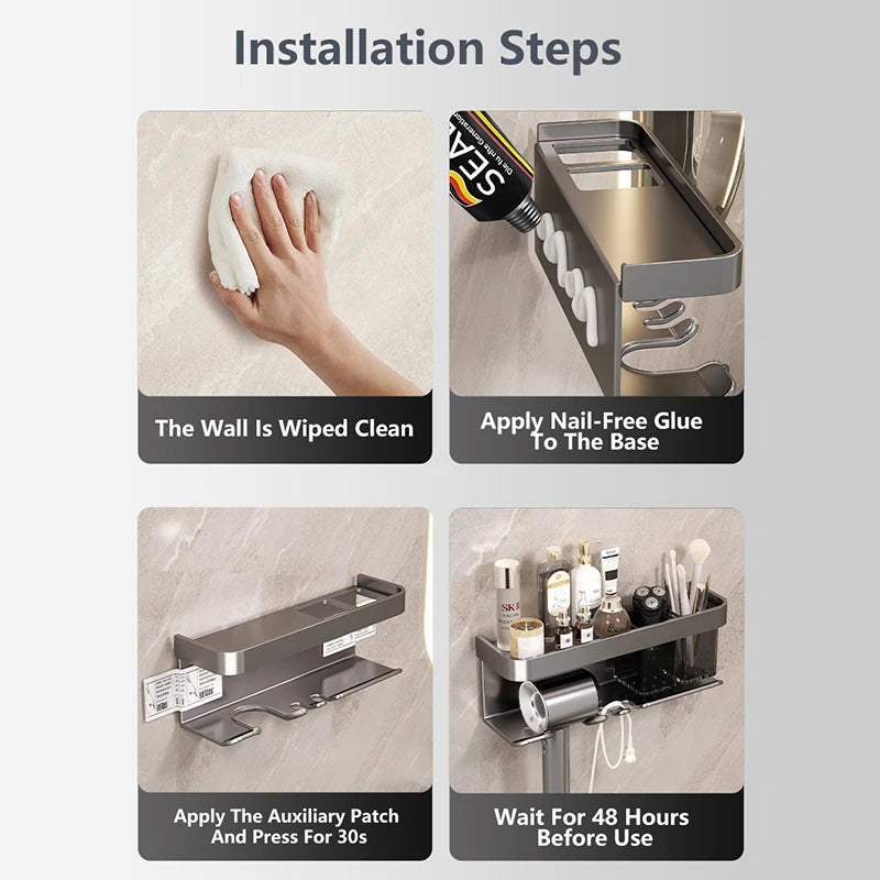 Hair Dryer Holder No punching Wall Mounted Bathroom Shelf Makeup Storage Organizer With Storage Box Aluminum Hair Dryer Rack