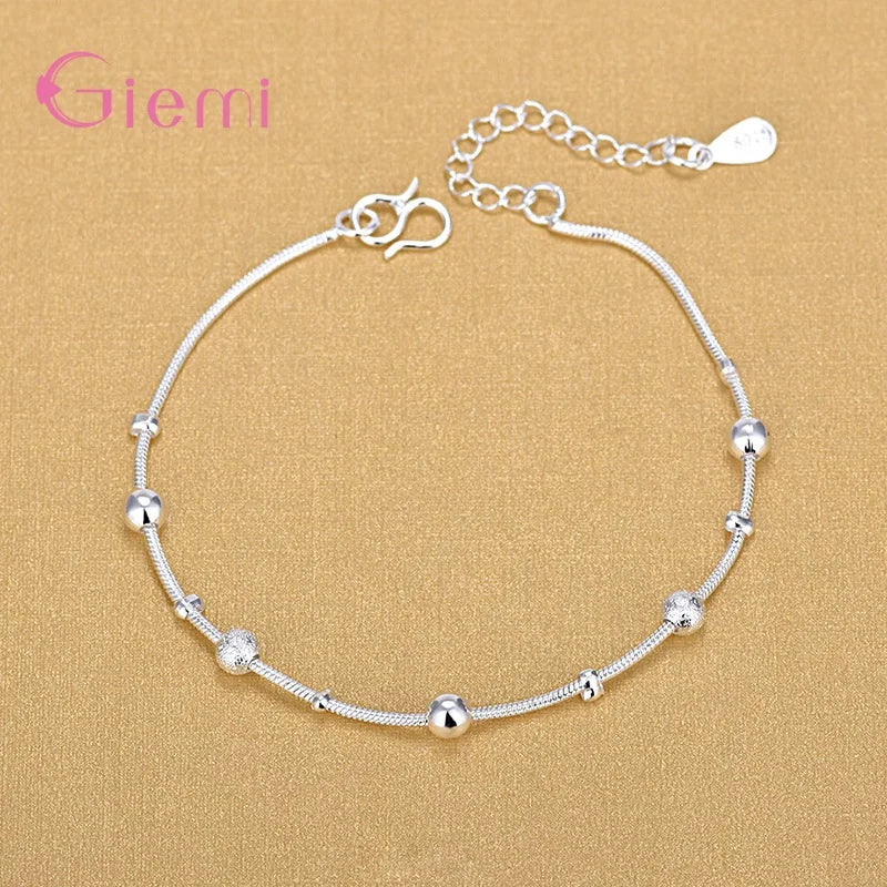 Simple Fashion 925 Sterling Silver Round Beads Chain Bracelet for Women Girl Birthday Party Gift Jewelry Bijoux