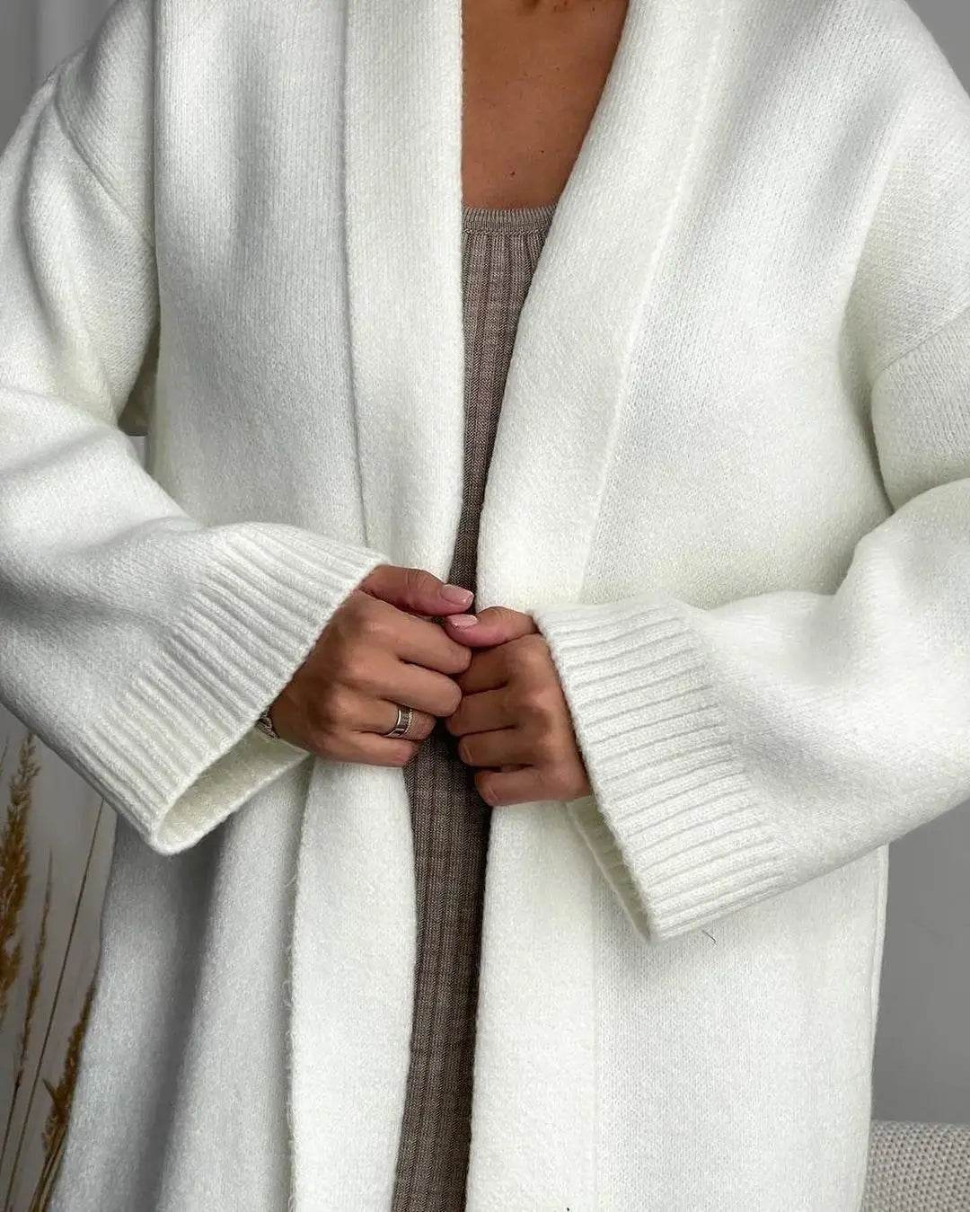 Women's Cardigan Wool Jacket Loose Retro Temperament Elegant Solid Color Collarless Knitted Long Sleeved Cardigan Jacket - AIAZ