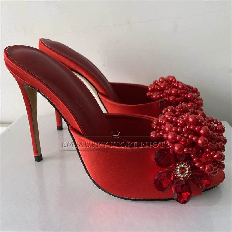 Crystal Beads Flower Decor Sandals Women 10cm Stiletto Heel Slingbacks Luxury Satin Summer Mules For Girls - AIAZ