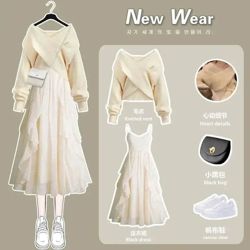 Women's Knitted Sweater Skirt Two Piece Set Women Slim Elegant Tops Female Sweater Dress Suits Lady Knitting Outfit - AIAZ