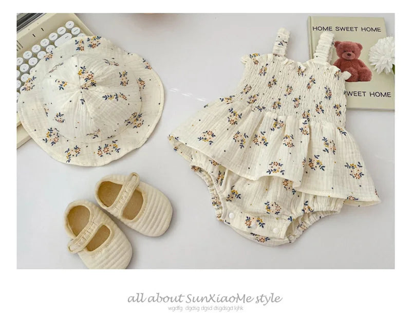 2PCS Summer Linen Floral Infant Newborn Baby Girls Bodysuit Active Floral Babe Camisole One Piece Tutu Dress With Hat Set
