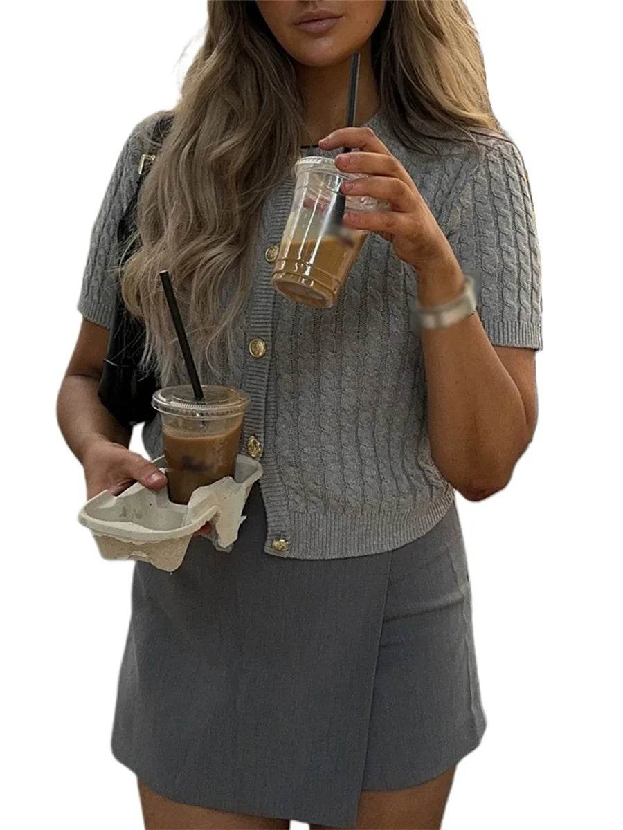 Women's Cable Knit Cardigan Solid Color Round Neck Short Sleeve Button-front Closure Crop Sweaters - AIAZ
