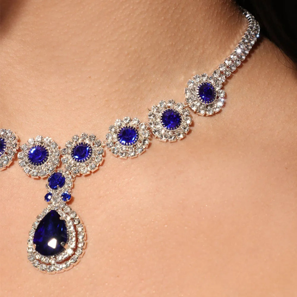 Elegant Blue Rhinestone Water Drop Necklace Chain Bridal Jewelry 2024 Fashion Gift Crystal Choker Necklace Wedding Accessories