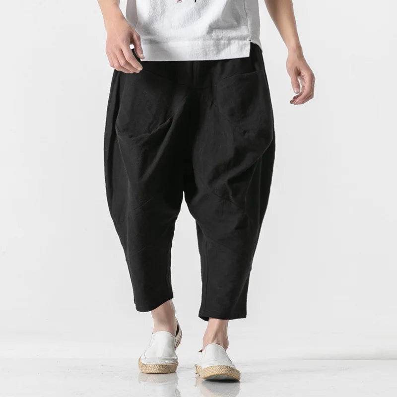 2025 Men Linen Pants Mens Wide Crotch Harem Pants Man Chinese Style Ankle-Length Pants Male Wide-Legged Bloomers Trousers - AIAZ