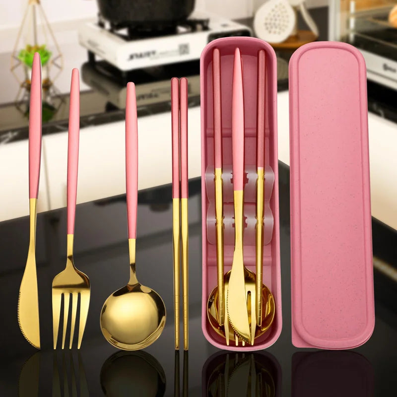 Stainless Steel Cutlery Set With Storage Box 4 Counts Portable Tableware Set For Home Kitchen Dining Room Household Tableware