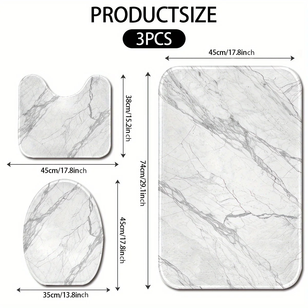 3PCS Marble Bath Mat Set  Non-Slip Machine Washable Includes Floor Mat & Toilet Cover Christmas Decor Polyester Bathroom Upgrade