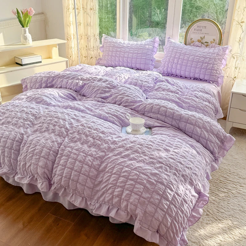 Korean Princess Style Lace Ruffles Bedding Set Skin-friendly Soft Seersucker Duvet Cover Set Bed Sheet Or Bed Skirt Pillowcases
