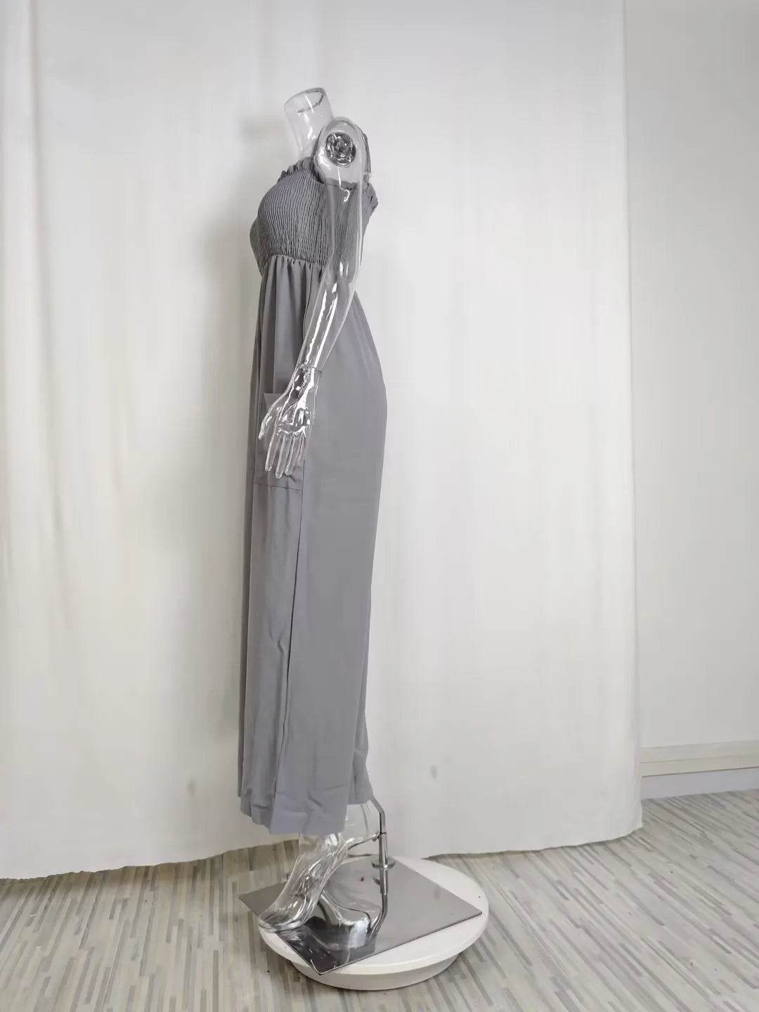 Summer New Suspender Jumpsuit Casual Commuting Women's Clothing Fashion Solid Color Elastic Waist Pocket Wide Leg Jumpsuit - AIAZ