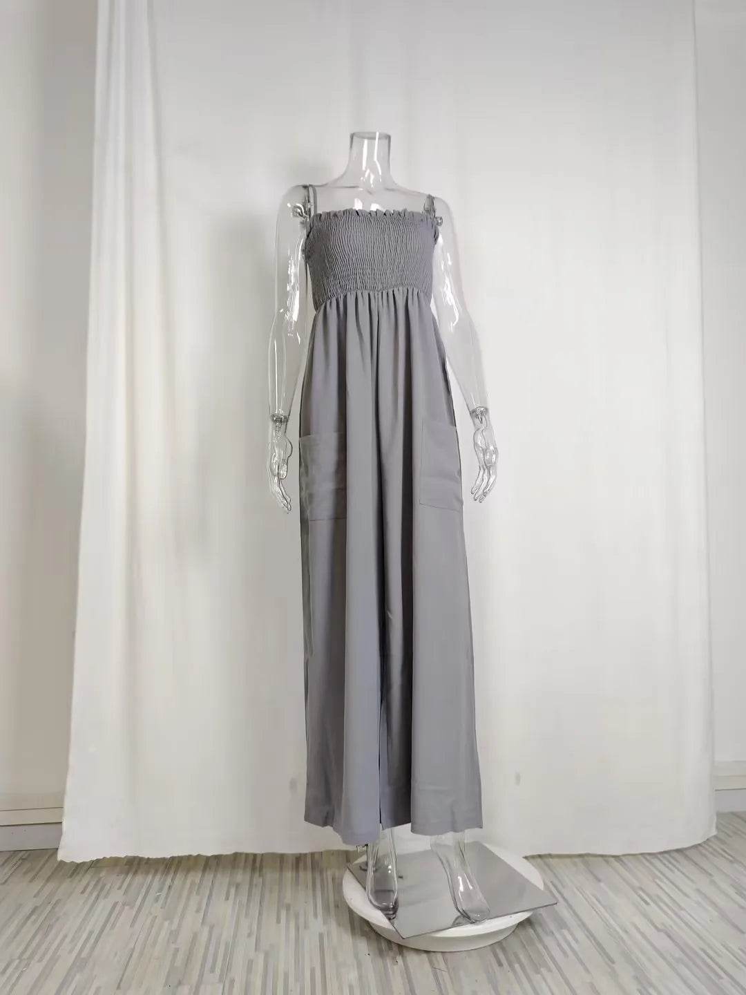 Summer New Suspender Jumpsuit Casual Commuting Women's Clothing Fashion Solid Color Elastic Waist Pocket Wide Leg Jumpsuit - AIAZ