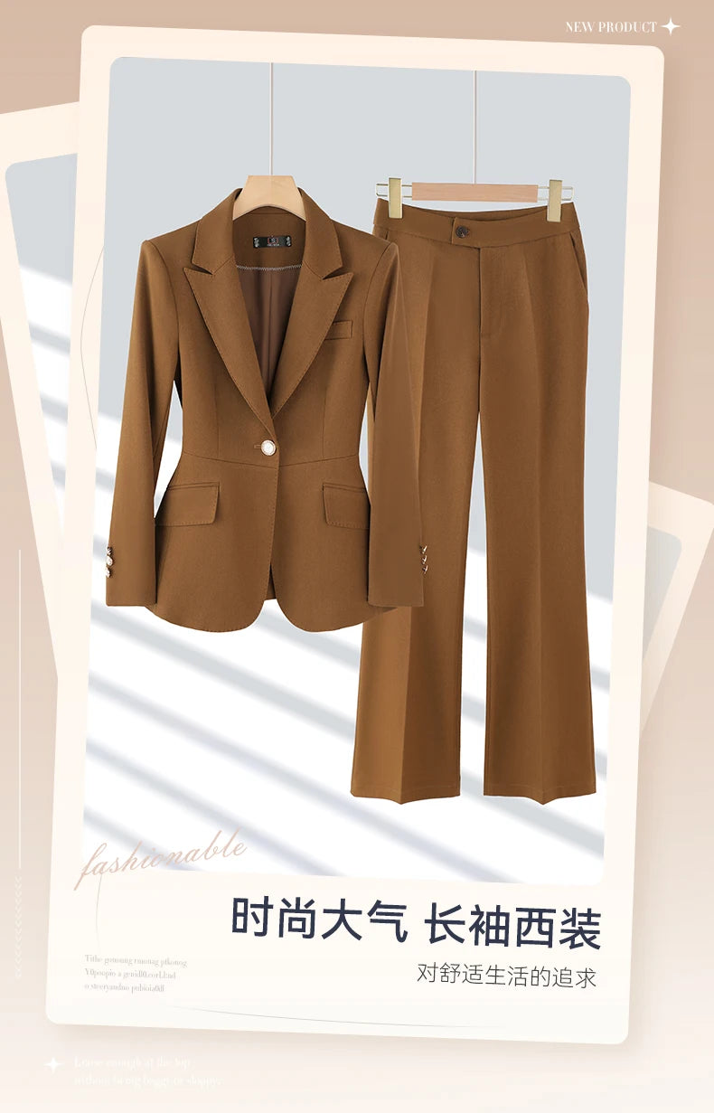 NAVIU High End Pant Suit Brown Solid Office Ladies Female Business Work Wear 2 Piece Set Formal Blazer Jacket And Trouser