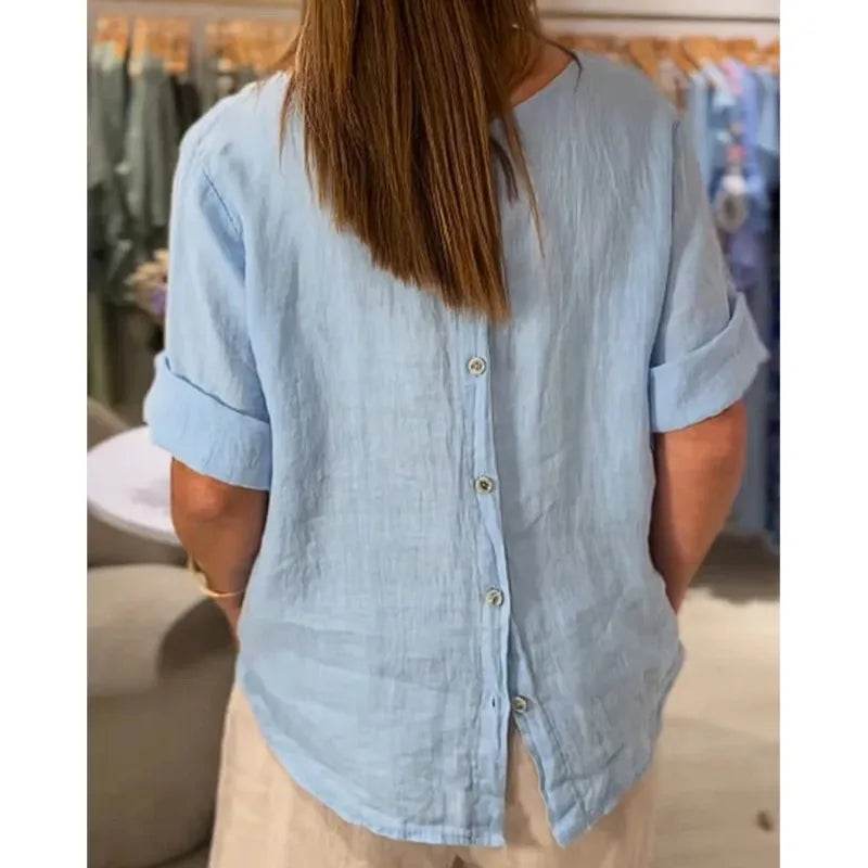 Women's Shirt Summer Fall New Solid Top Fashion Mid-sleeve O-neck Cotton Linen Button-up Casual Loose Shirts For Women Clothing - AIAZ