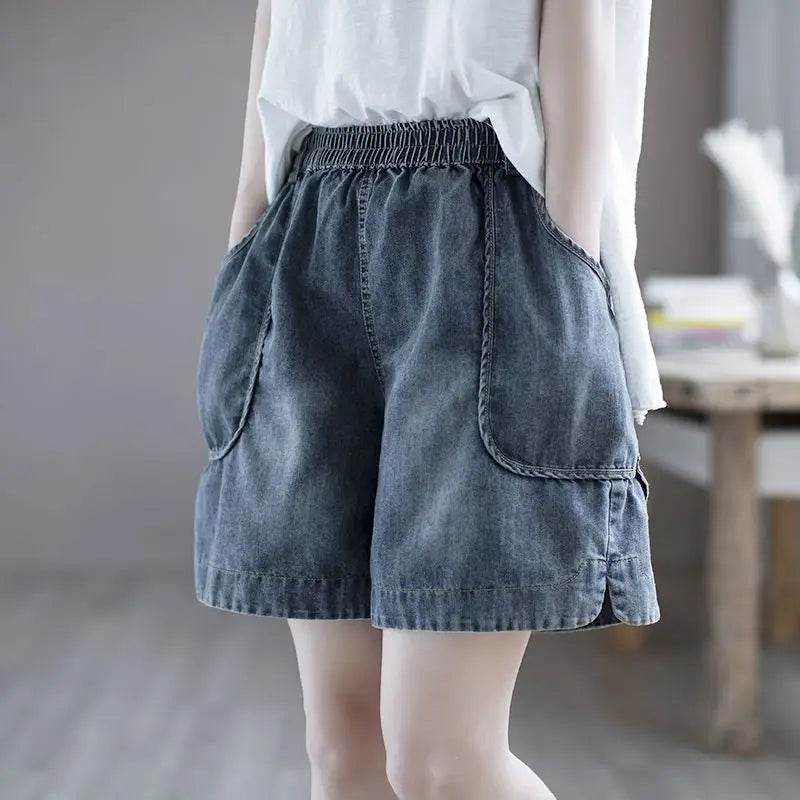 Summer Thin High-waisted Retro Denim Shorts for Women Loose Mid-pants New Wide-leg Large Pocket Five-point Pants - AIAZ