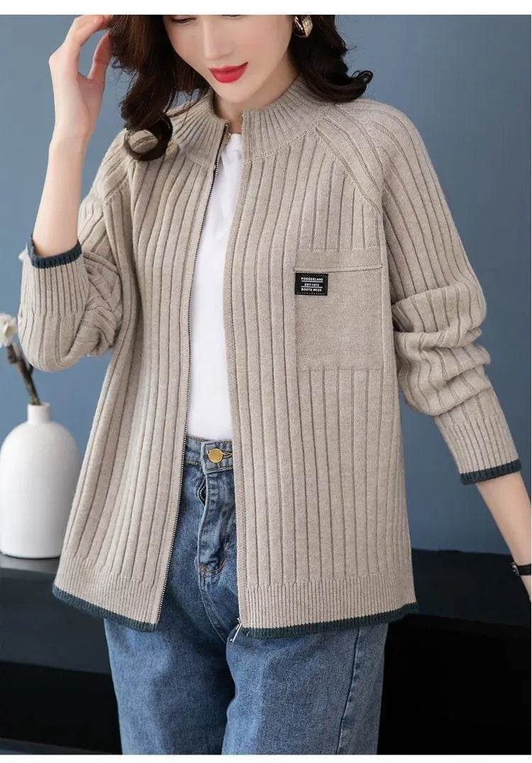 Knitted Cardigan Women's Coat 2025 Autumn Winter New Long sleeved Casual Zipper Sweaters Outwear Female Short Knitt Jacket - AIAZ