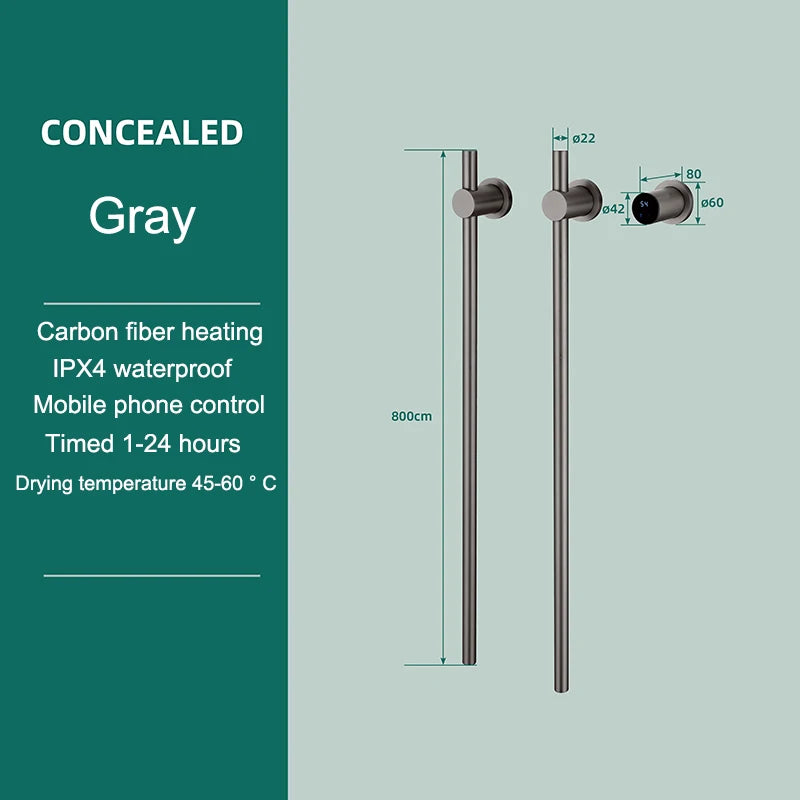 Smart Hidden Carbon Fiber Vertical Electric Heated Towel Rack Black Bathroom Bath Gray Dryer Rail Warmer Wifi Touch Control