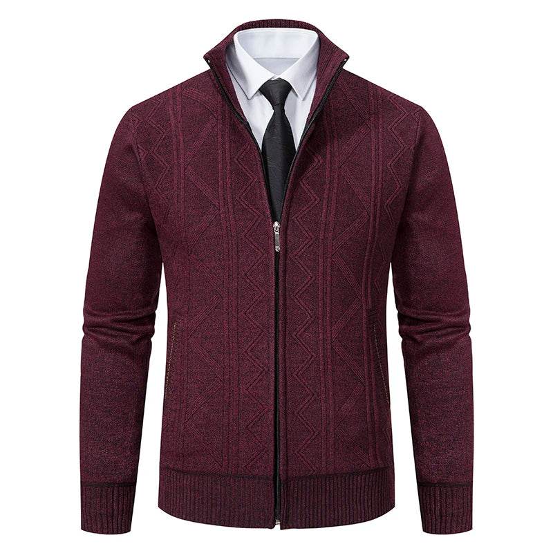 Thickened jacket men's autumn and winter warm trend line stand collar knitted cardigan sweater coat - AIAZ