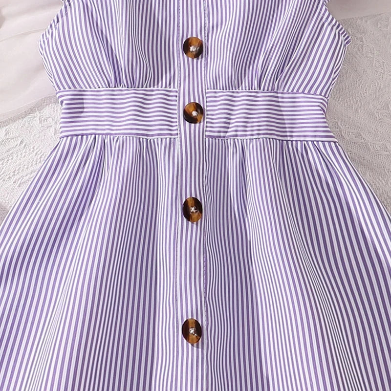 Girl Dress Summer New Light Blue Stripe Ruffled Sleeveless V-Neck Dress Elegant Cute Daily Casual Vacation Preppy Style Outifits