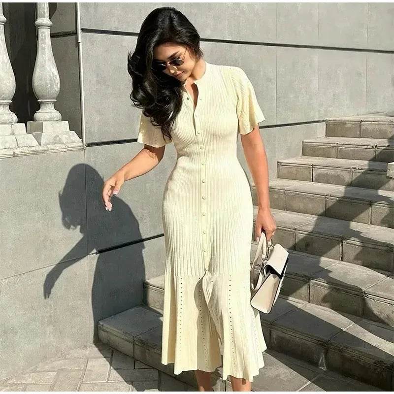 Elegant Knit Dress For Women White Slim O-neck Single Breasted Short Sleeve Long Dresses Female 2025 Spring Fashion Lady Robe - AIAZ