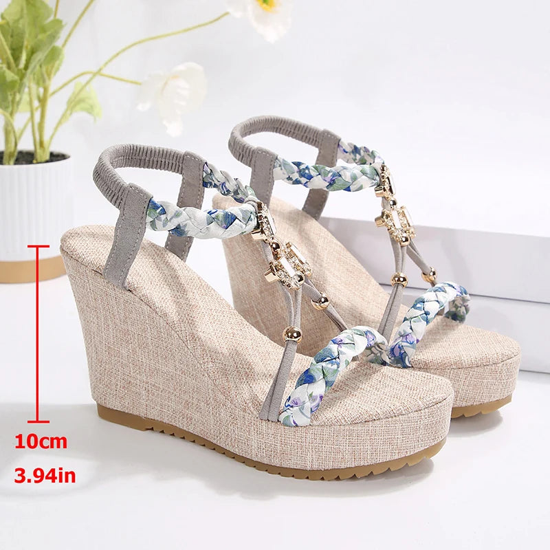 Metal Decoration Wedge Heel Sandals for Women 2025 Summer Chunky Platform Sandals Woman Thick Bottom Printed Bohemian Sandalias