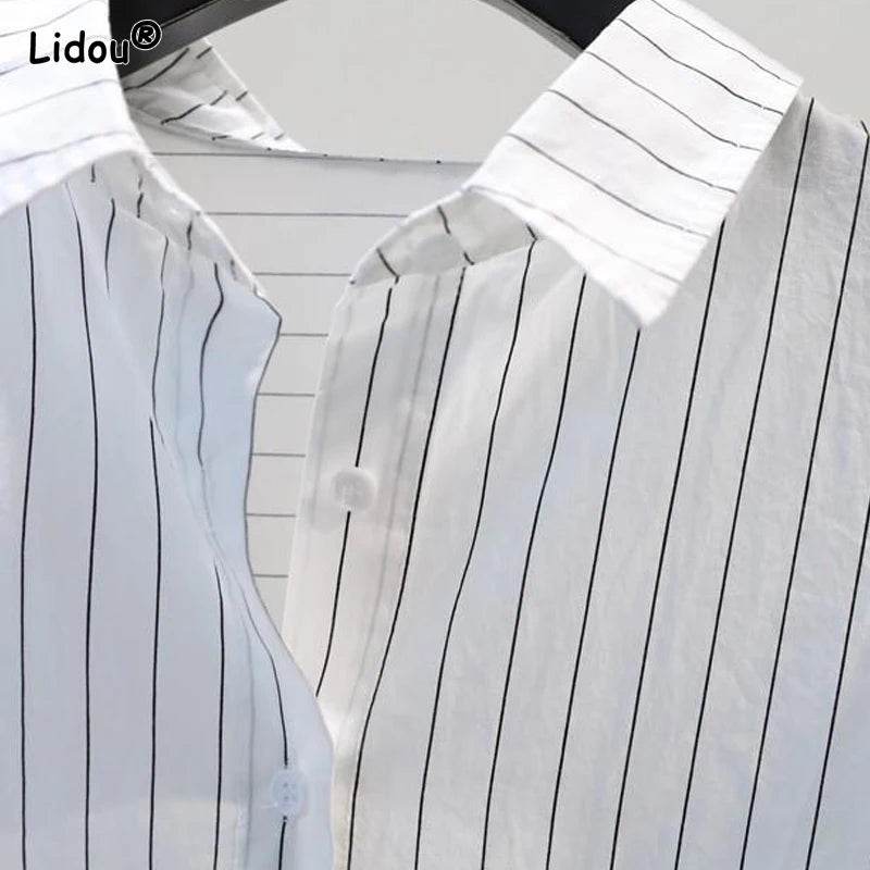 Women's Clothing 2023 Striped Simplicity Fashion Casual Spring Summer Thin Pockets Turn-down Collar Button Loose Formal Blouses - AIAZ