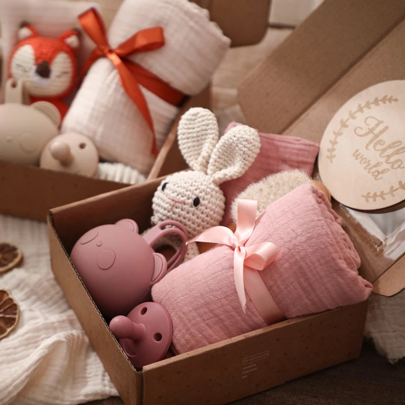 Baby Bathing Mouth Water Towel Pacifier Set Baby Full Moon Milestone Cards Wood Ring Rattle Bath Towel Wool Brush Birthday Gifts