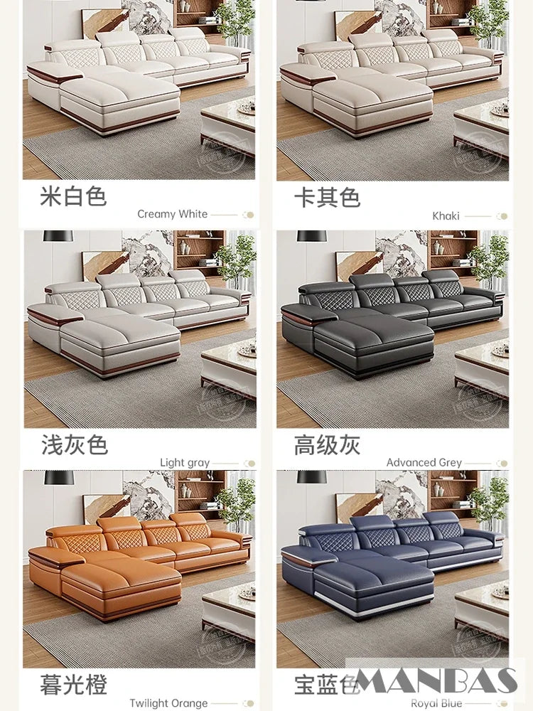 MINGDIBAO Premium Italian Genuine Leather Sofa Set for Living Room with Adjustable Headrests and Built-in Bluetooth Speaker, USB