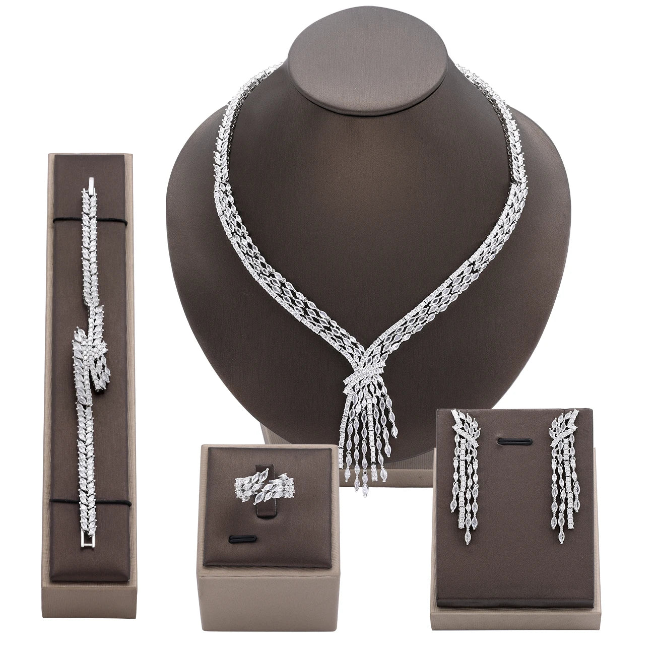 Nigeria Bridal Zirconia For Women Party Luxury Dubai Necklace Bracelet Earringa Rings CZ Crystal Wedding Jewelry Sets