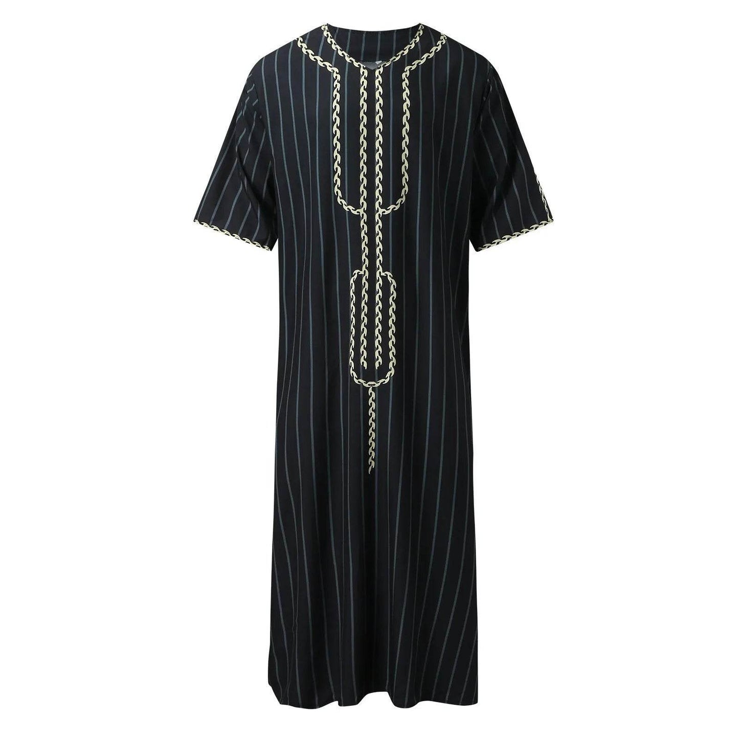Muslim Men'S Clothing Hand-Embroidered Loose Breathable Summer Fashion Loose Robe Dubai Luxury V-Neck Short Sleeve Printing - AIAZ