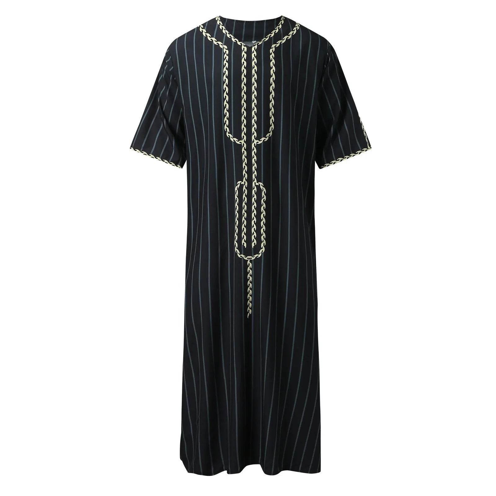 Muslim Men'S Clothing Hand-Embroidered Loose Breathable Summer Fashion Loose Robe Dubai Luxury V-Neck Short Sleeve Printing - AIAZ