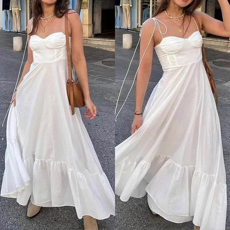 White Long Dresses For Women Ruffle Slip Corset Dress Woman Fashion Sleeveless Backless Summer Sexy Holiday Party Dresses - AIAZ