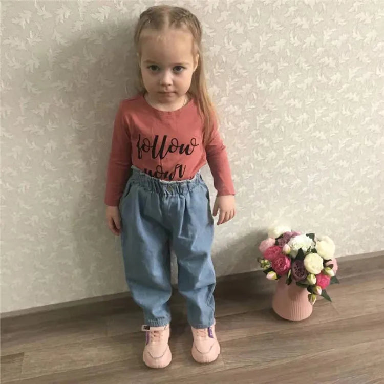 Kids Jeans Pant Casual Trousers For Boys Girls High Waist Solid Warm Out Jeans Children's Pants Autumn Spring 9M-4Years