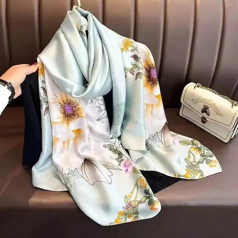 New Summer Women's Silk Scarf Sun Protection Satin Print Extra Long Beach Cover Up Decorative Mom's Shawl Fashionable Accessory - AIAZ