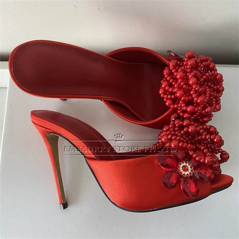 Crystal Beads Flower Decor Sandals Women 10cm Stiletto Heel Slingbacks Luxury Satin Summer Mules For Girls - AIAZ