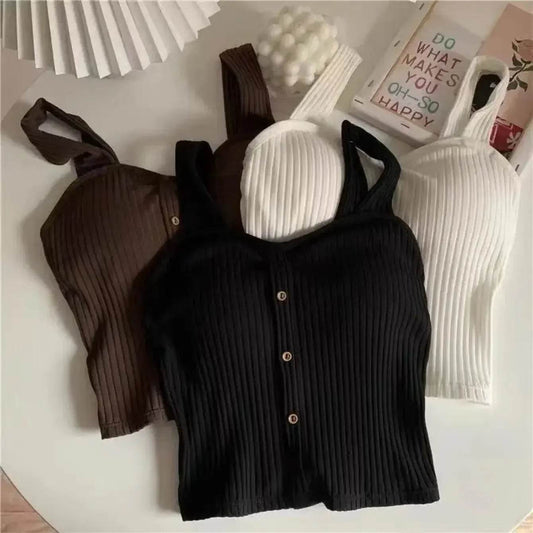 Women's Cropped Tops with Bra Pads Summer Corset Korean Suspenders Vest Sexy Camisole Slim - AIAZ