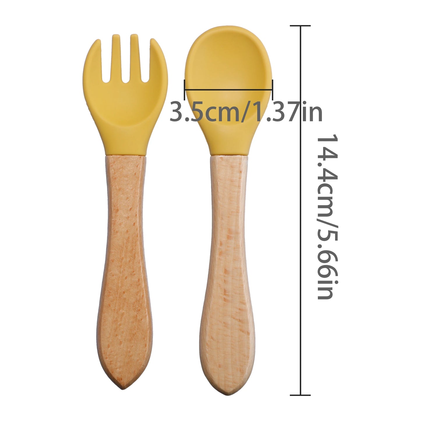 2pcs/set Tableware Baby Spoon Fork Set Children's Silicone Wooden Feeding Training Baby Dinnerware Cutlery Baby Feeding Supplies