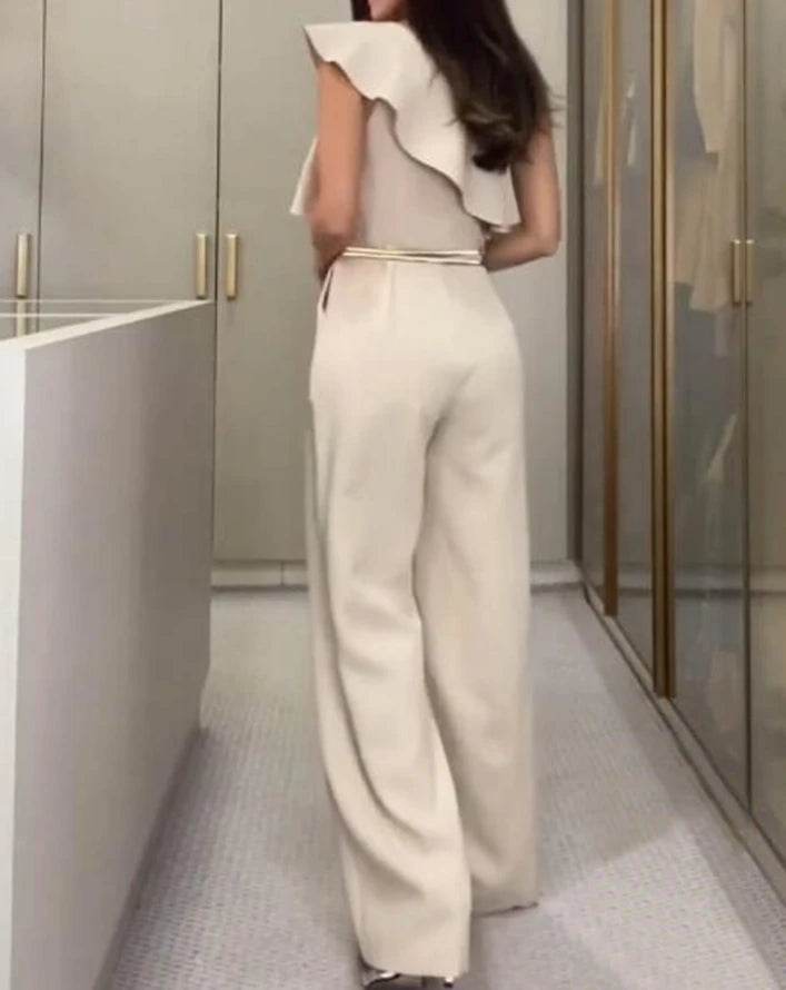 Jumpsuit Women 2024 Summer Fashion Ruffle Hem One Shoulder Casual Plain Sleeveless Daily Long Wide-Leg Jumpsuit Without Belt - AIAZ