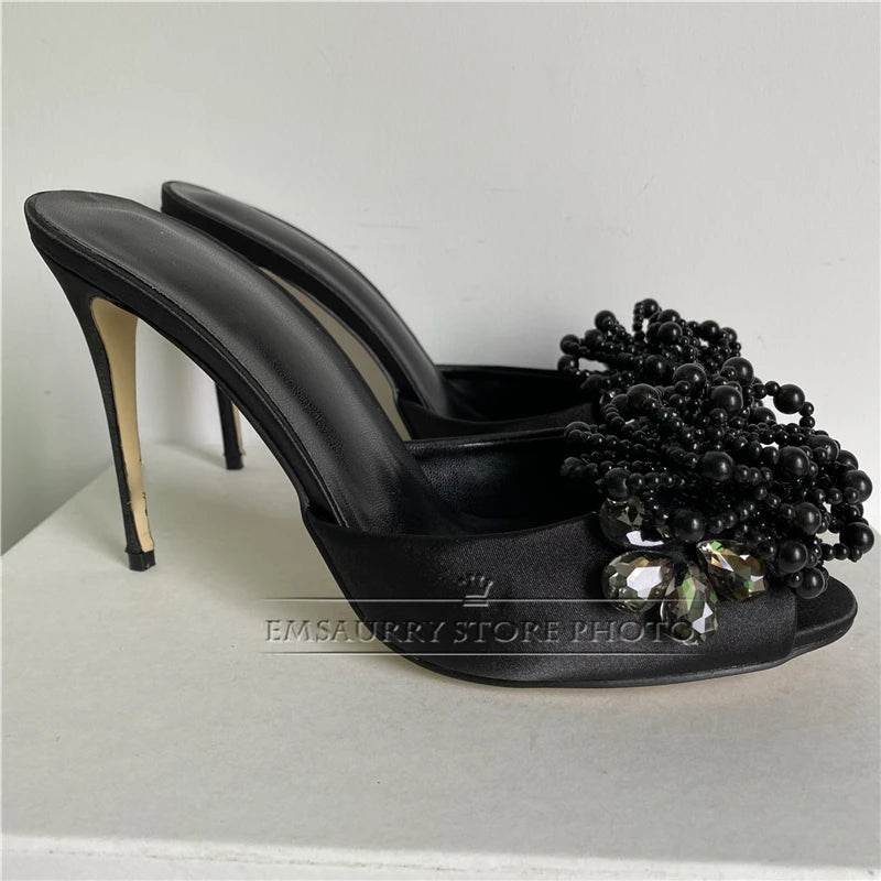 Crystal Beads Flower Decor Sandals Women 10cm Stiletto Heel Slingbacks Luxury Satin Summer Mules For Girls - AIAZ