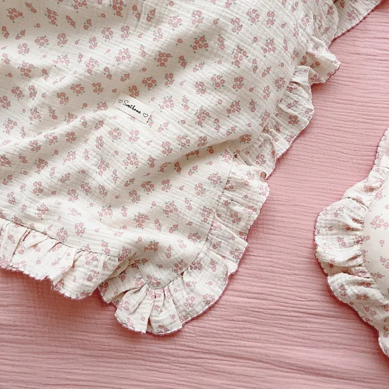 Korean Vintage Floral Printed Ruffled Cotton Baby Duvet Cover Kids Children Infant Cot Crib Duvet Covers Quilt Cover Bedding