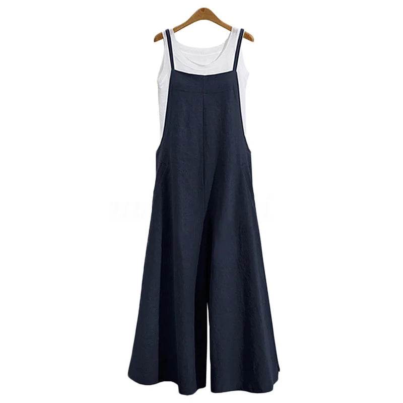 Women Straps Jumpsuit Summer Solid Color Wide Leg Pants Dungaree Bib Overalls Casual Loose Sleeveless Cotton Linen Jumpsuits 5Xl - AIAZ
