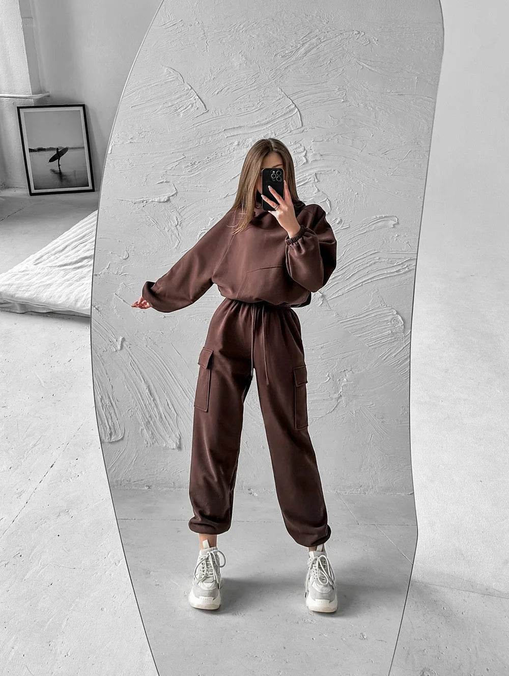 Hoodies Suit Winter Autumn Solid Casual Tracksuit Women Fleece 2 Pieces Set Sports Sweatshirts Pullover Jogger Sweatpants Outfit - AIAZ
