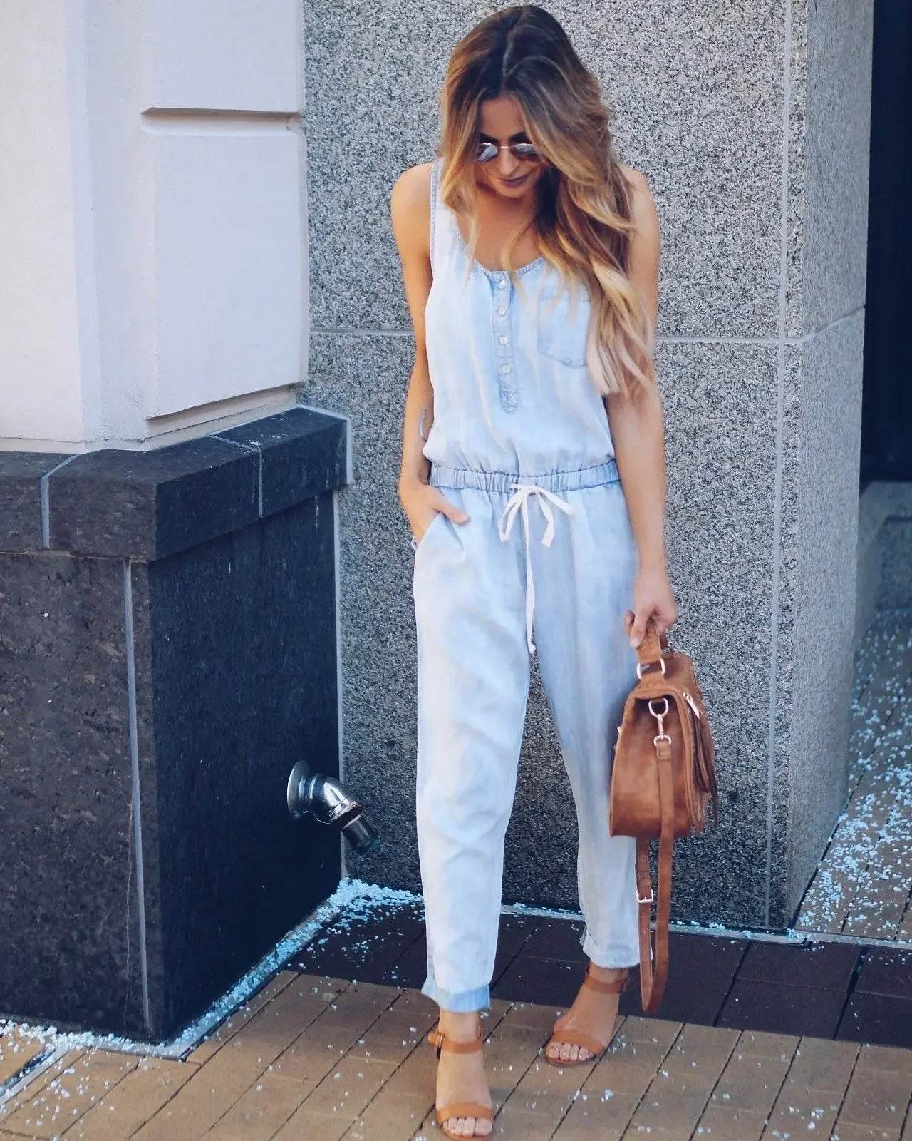 Summer Fashion Jumpsuit for Women Romper Overalls Single-breasted Casual Denim Trousers Sleeveless Ankle Pants Loose Jumpsuits - AIAZ