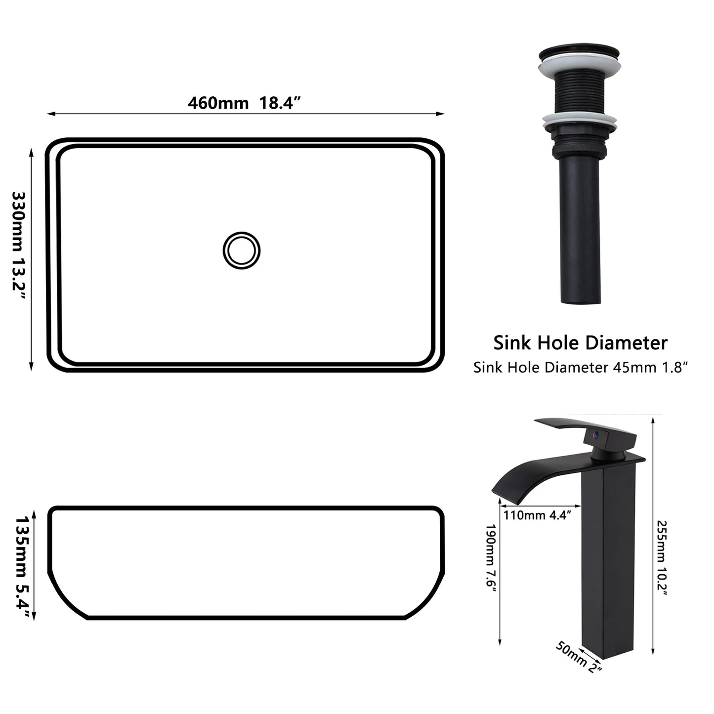 JIENI Bathroom Marble Style Vessel Sink Set Square Ceramic Basin Bowl Sink Black Faucets High-end European Modern Washbasin
