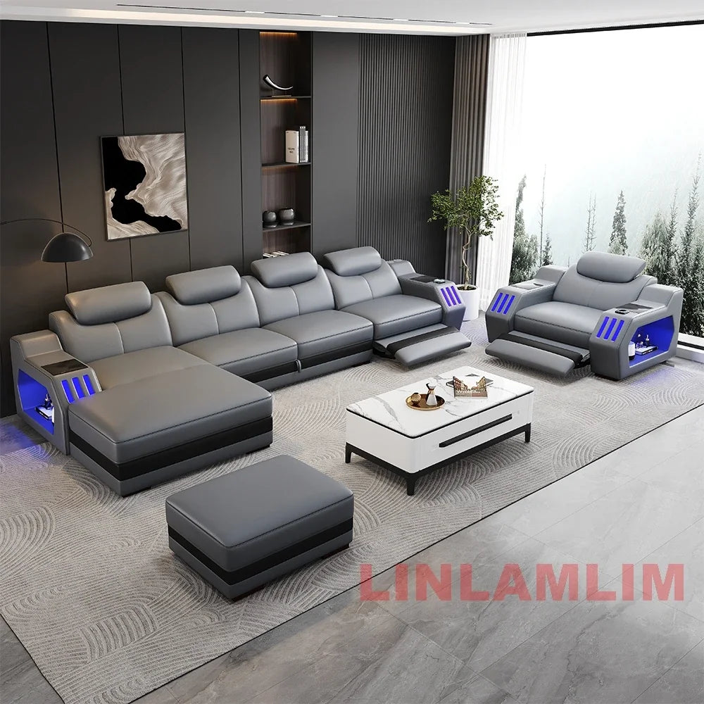 Modern L-Shaped Sectional Sofa Bed with Adjustable Headrests & LED Lights, Genuine Leather Recliner Couch with Storage & USB