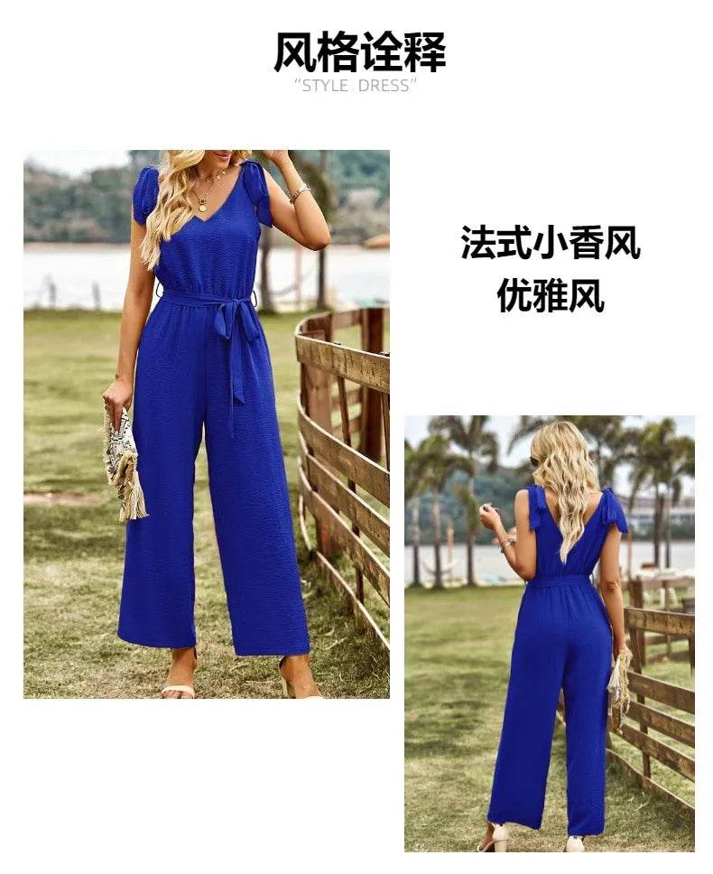 2024 Summer Women's New Commuter Style Solid Color Sexy Back V-neck Bareback Sleeveless Strap Waist Nine Part Pants Jumpsuit - AIAZ