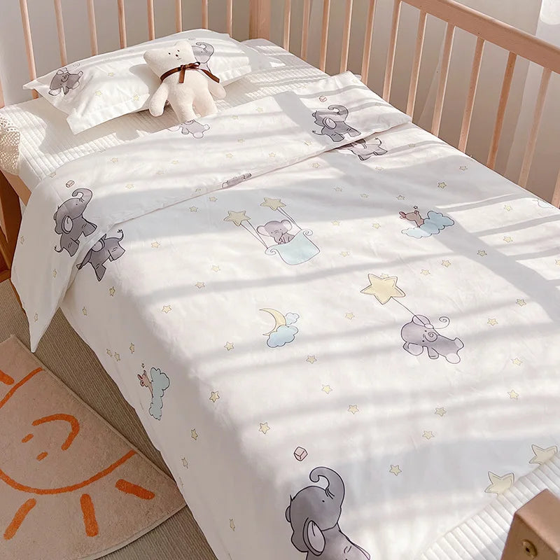 3Pcs Set Newborn Baby Cot Sheet Duvet Cover Case Pillowcase Cotton Cartoon Print Crib Flat Bed Sheet Infant Toddlers Beddings
