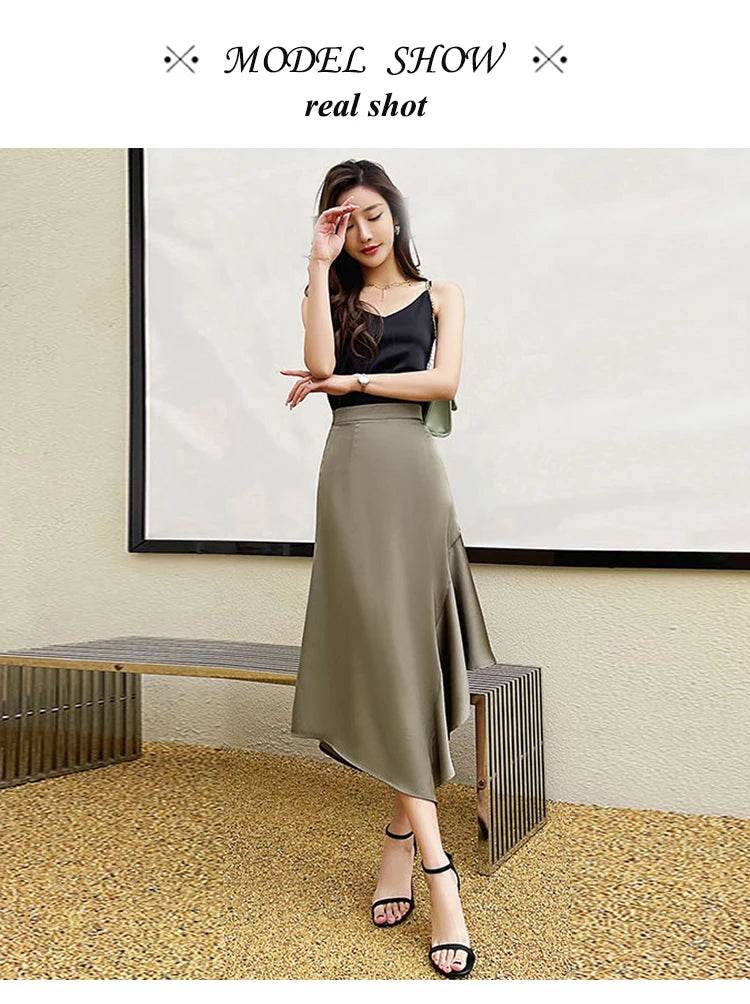 Elegant High Waist Satin Skirts Women Irregular Mermaid Skirt Fashion Streetwear Casual A-Line Skirts Office Lady Long Skirts - AIAZ