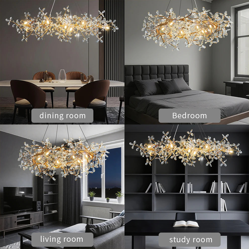 Modern Ceiling Chandelier Light Gold Crystal for Living Room Bedroom Transparent Flower Chandelier Indoor Lights Home Decor
